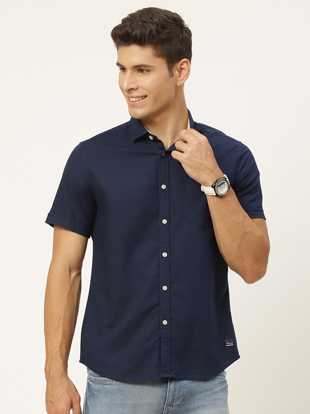 

Flying Machine Men Navy Blue Cotton Linen Slim Fit Casual Shirt