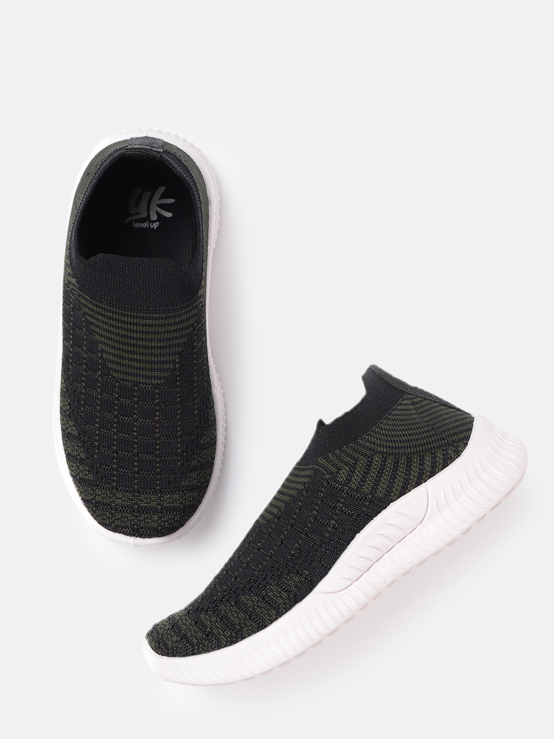 

YK Boys Olive Green & Black Woven Design Slip-On Sneakers