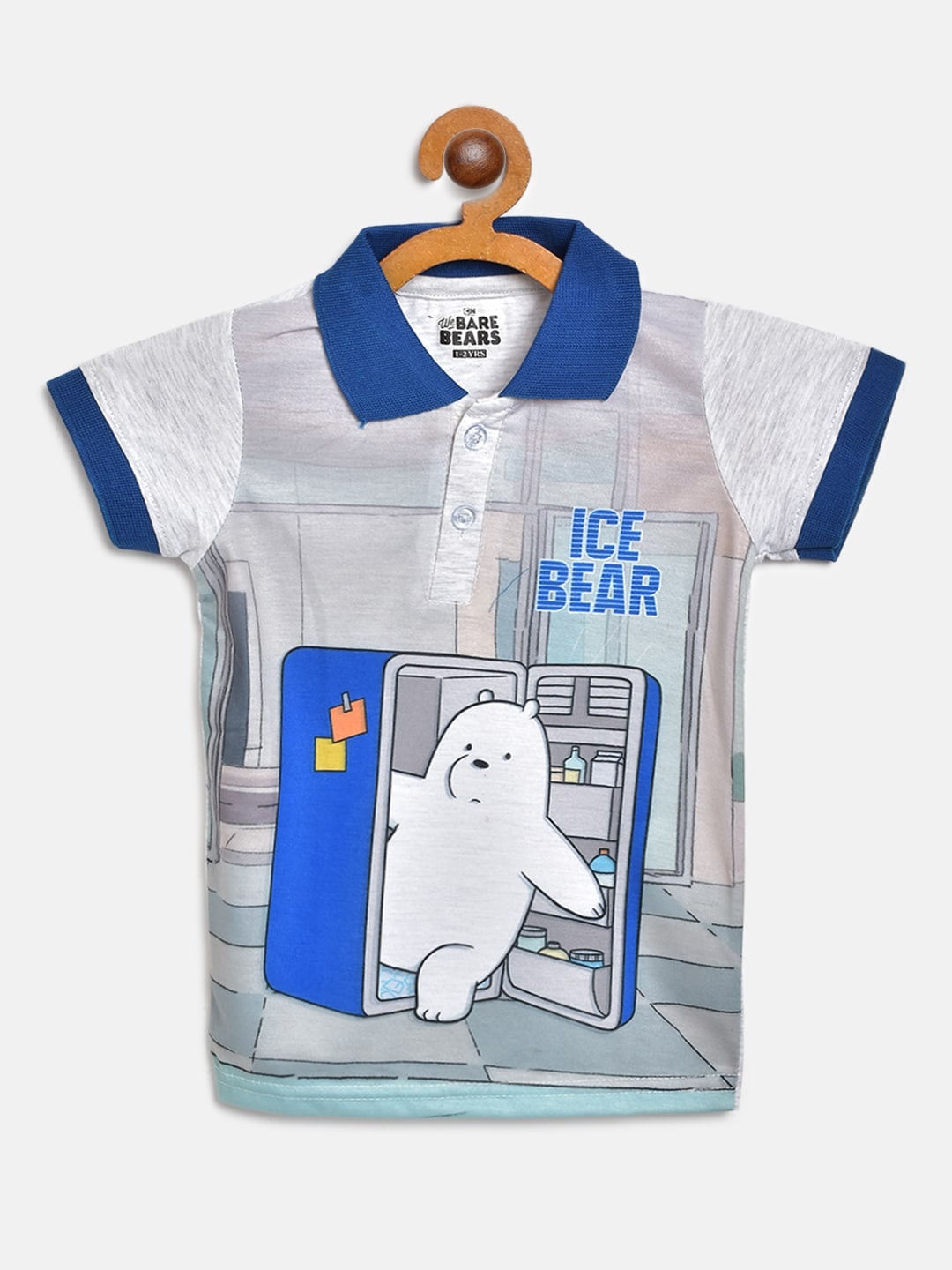 

Eteenz Boys Grey Blue Ice Bear Print Pure Cotton Polo Collar Pure Cotton T-shirt