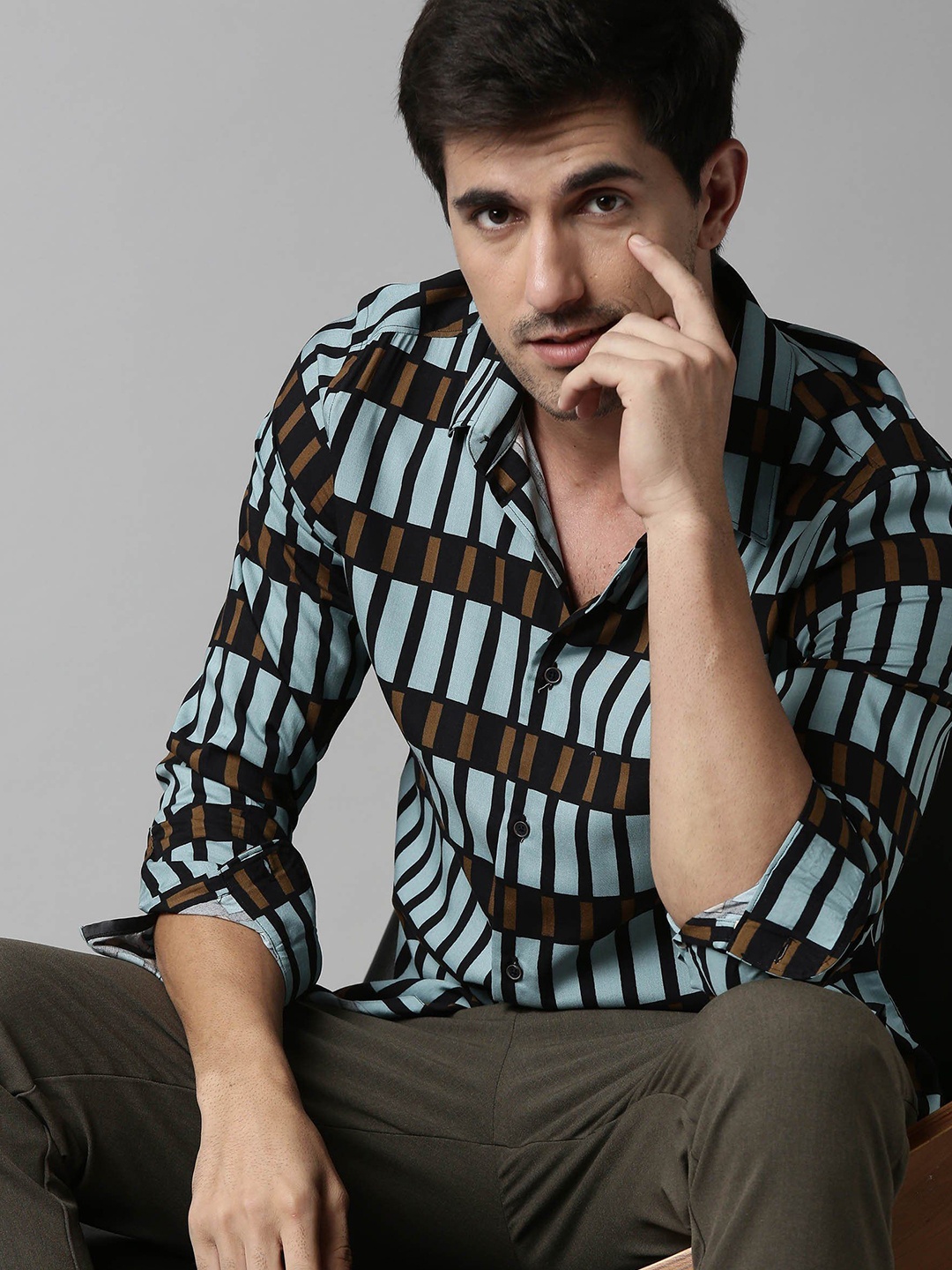 

RARE RABBIT Men Rola Striped Cotton Shirt, Blue