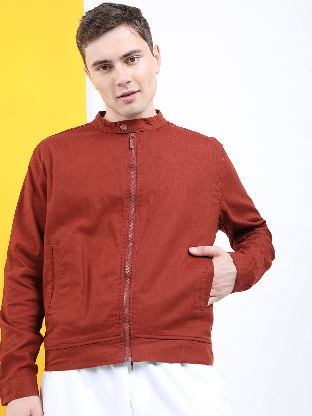 

HIGHLANDER Men Rust Brown Solid Cotton Linen Bomber