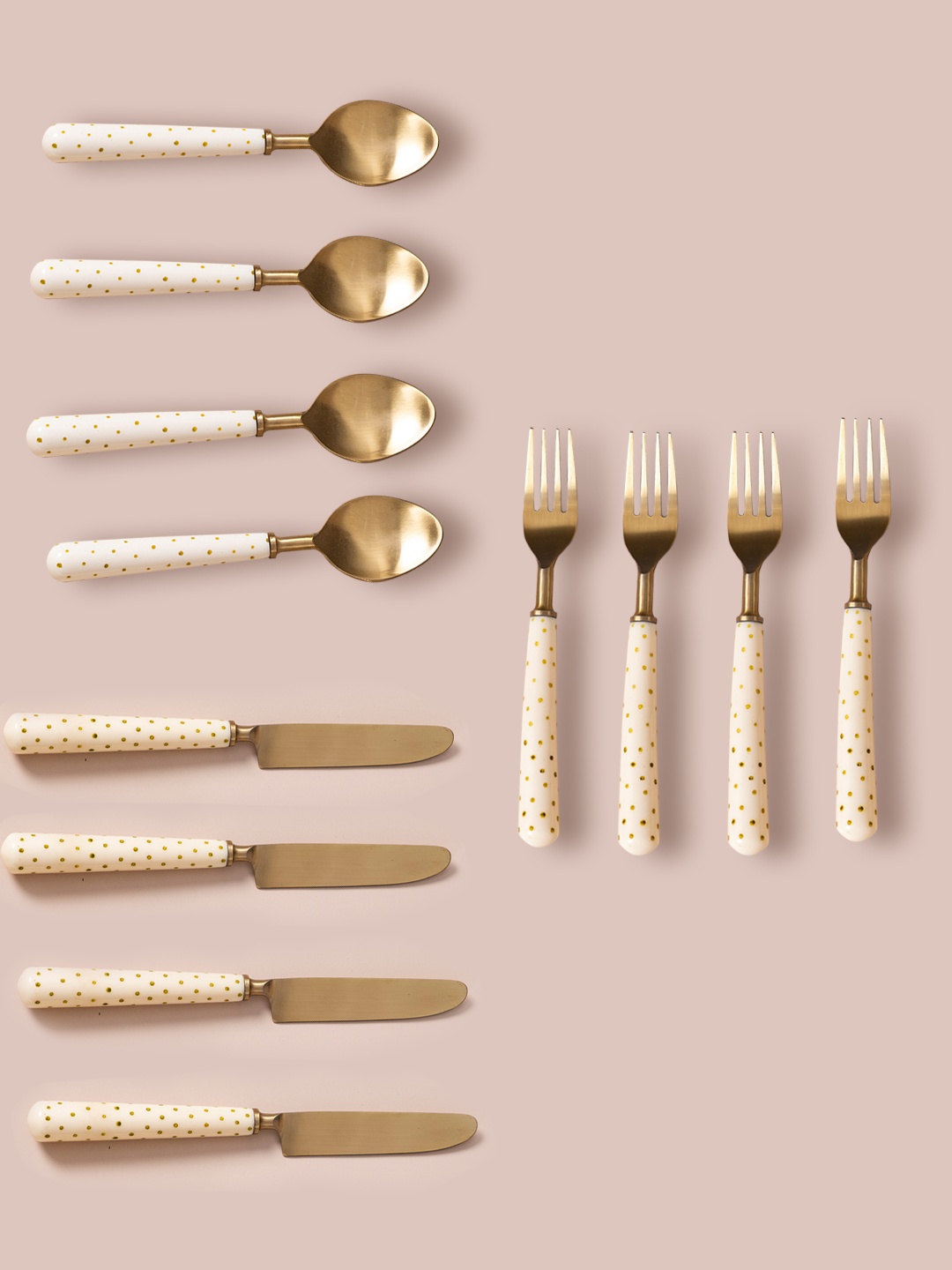 

nestroots Gold-Toned & Off-White 12 Pc Stainless Steel Cutlery Set