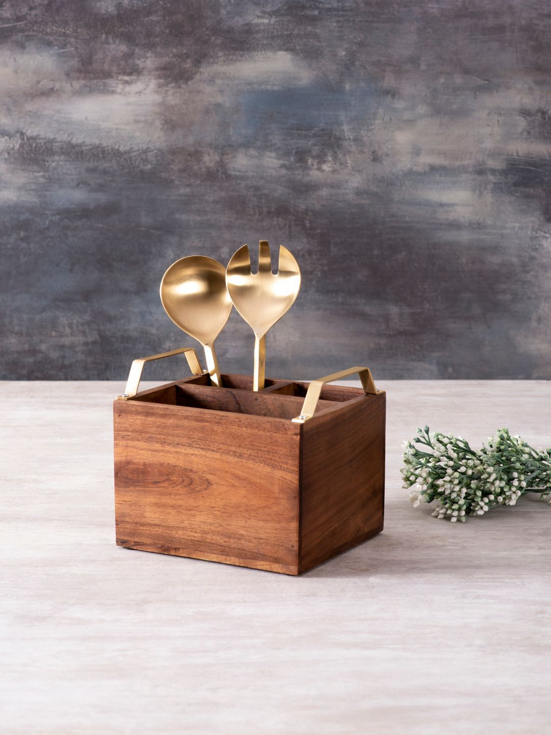 

nestroots Brown & Gold-Toned Handcrafted Wooden Small Spoon Stand