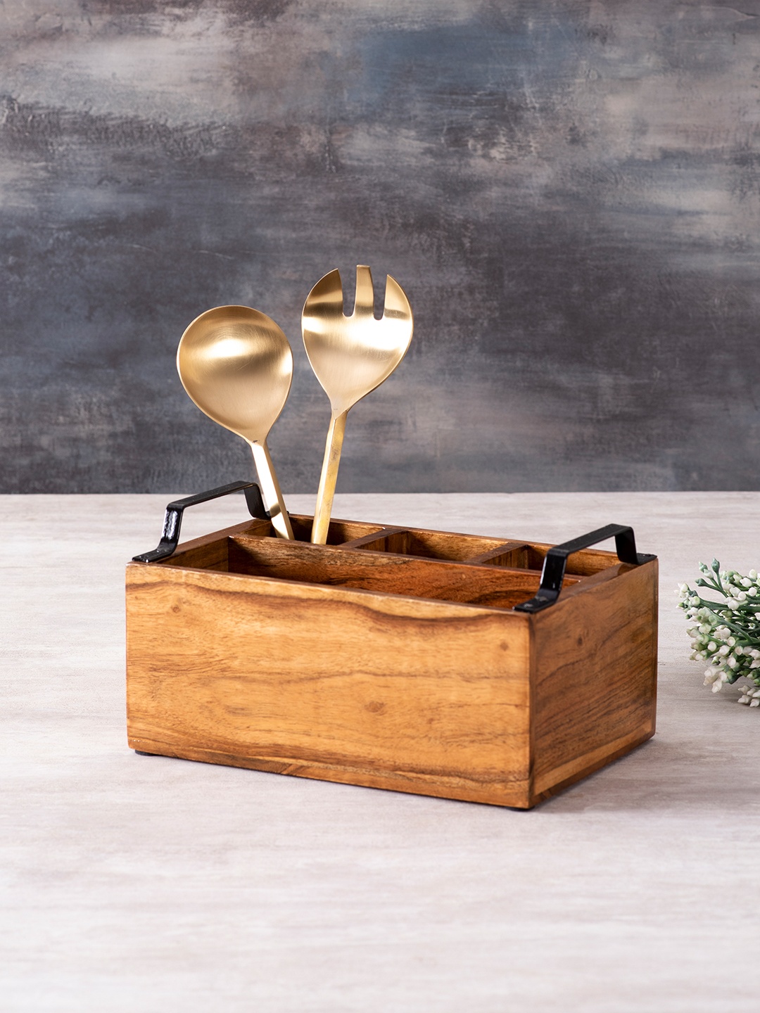 

nestroots Brown & Gold-Toned Wooden Cutlery Stand & Set of 2 Serving Spoons