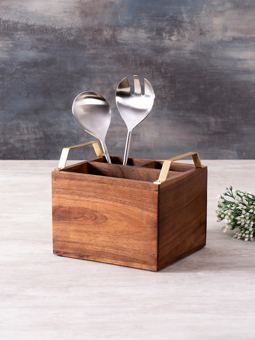 

nestroots Brown & Silver-Toned Cutlery Stand & Set of 2 Serving Spoons