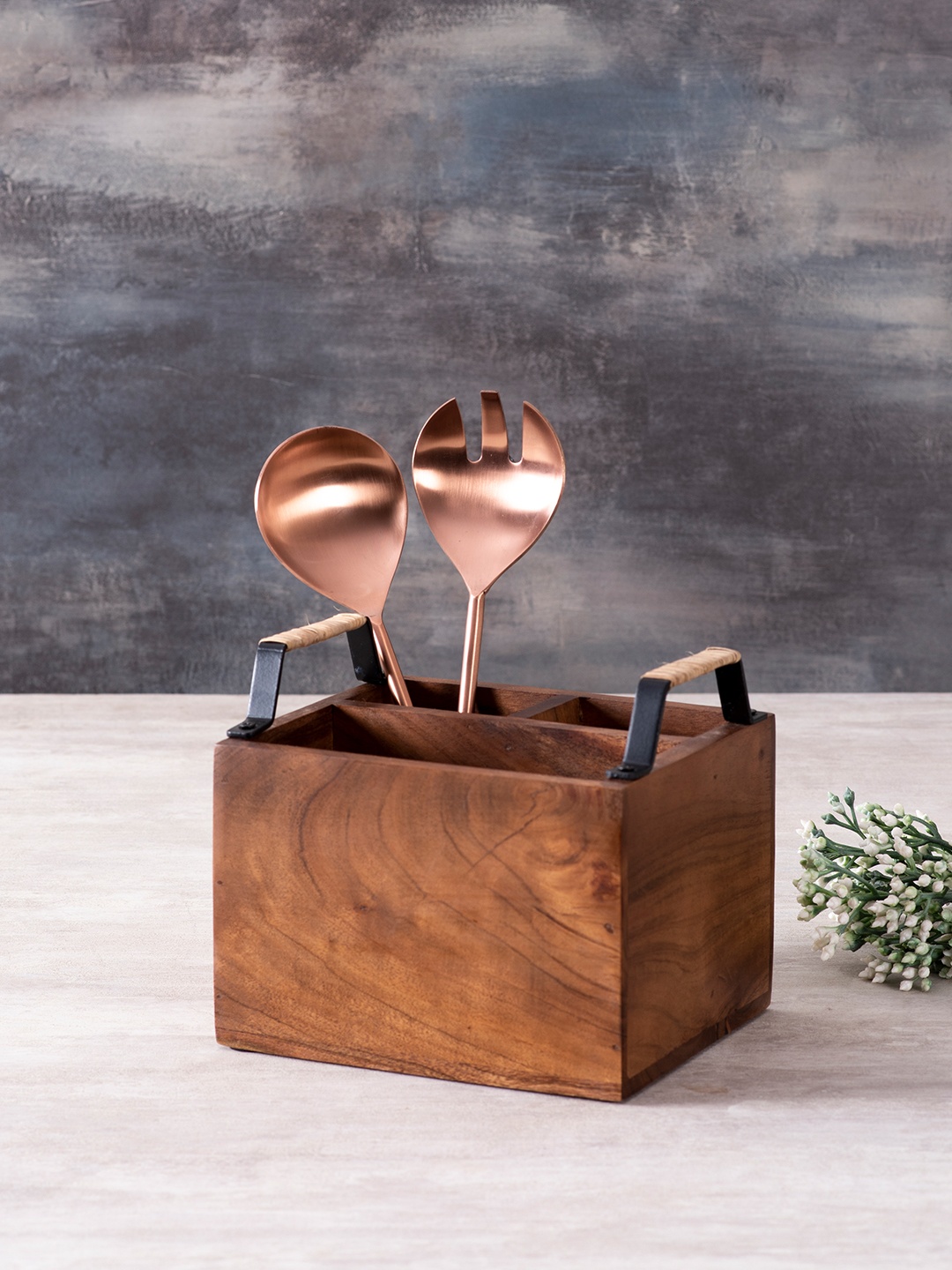 

nestroots Brown & Copper-Toned Cutlery Stand & Set of 2 Serving Spoons