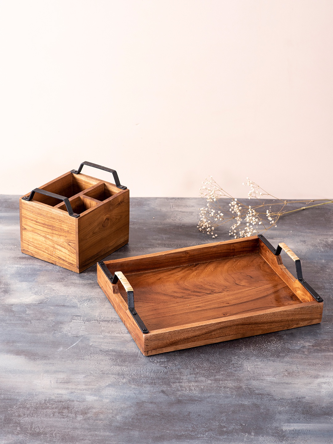

nestroots Brown & Black Wooden Cutlery Stand & Serving Tray