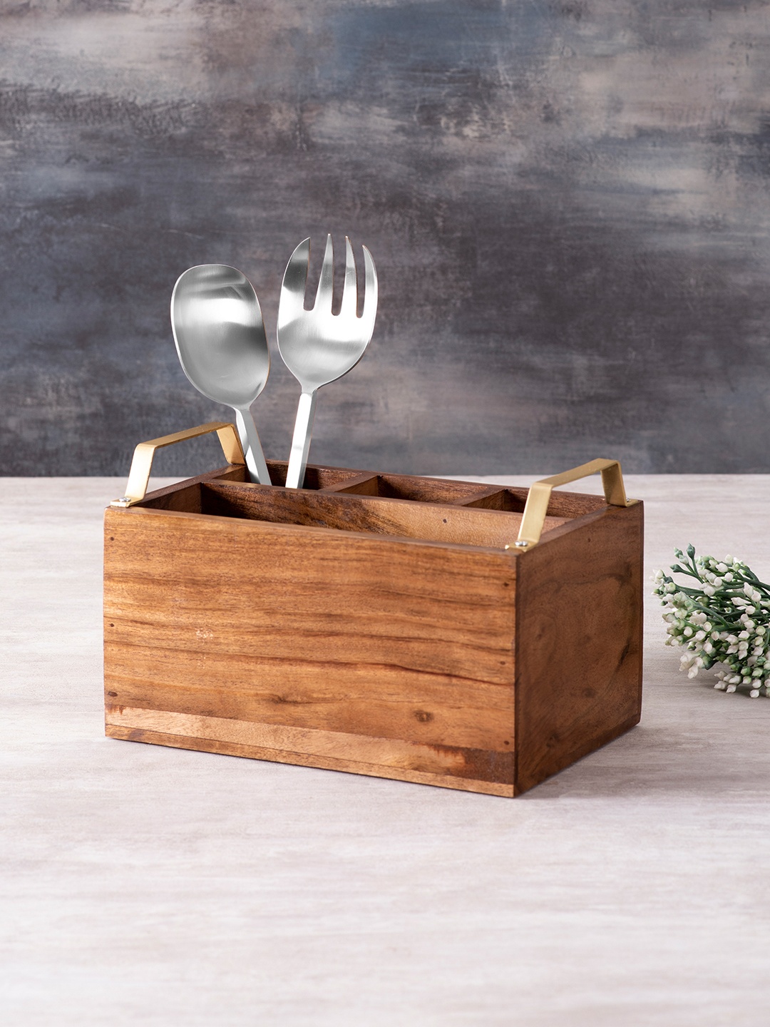 

nestroots Brown & Silver-Toned Wooden Cutlery Stand & Set of 2 Serving Spoons