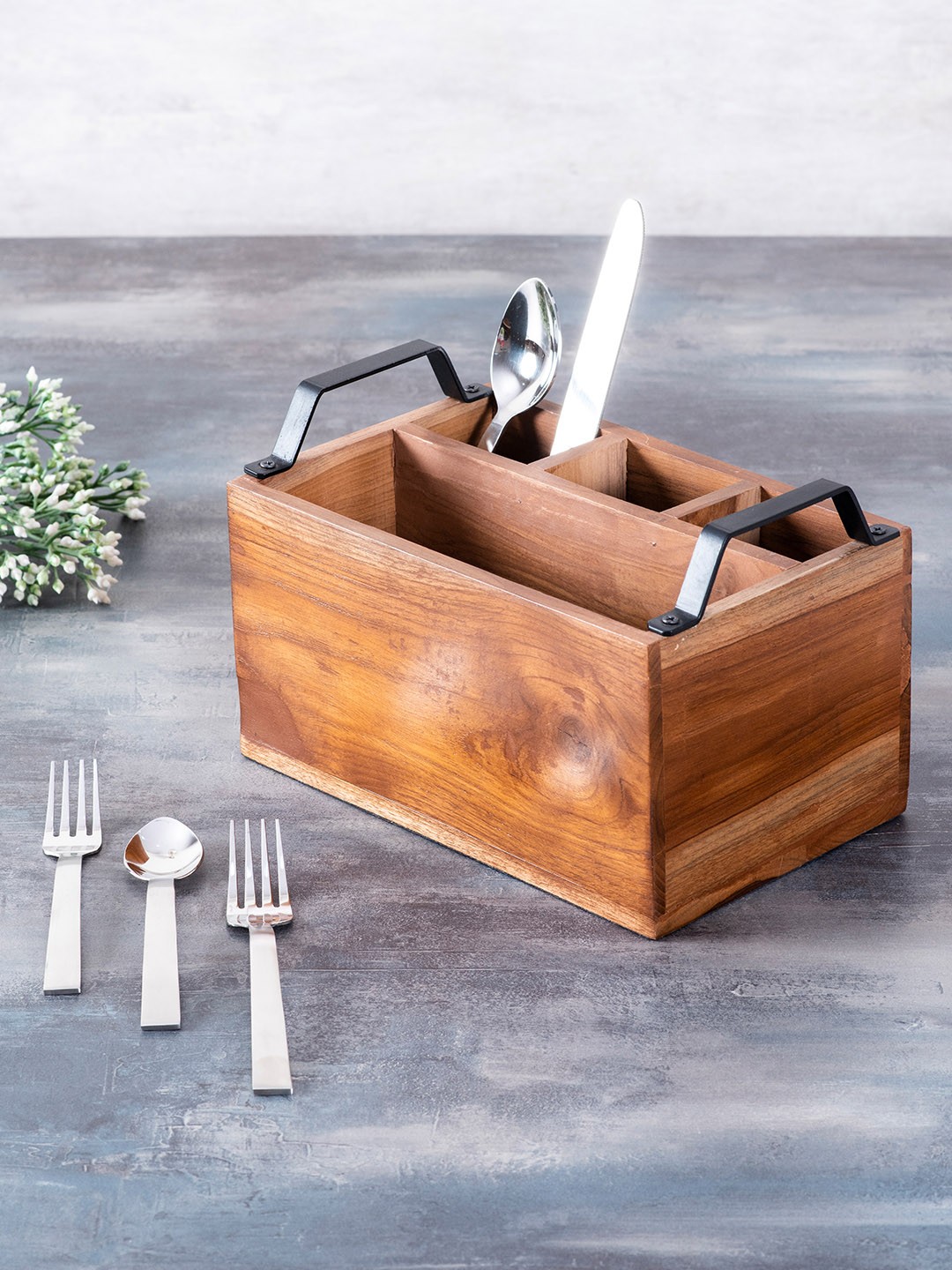 

nestroots Brown & Black Wooden Cutlery Stand & Cutlery Set
