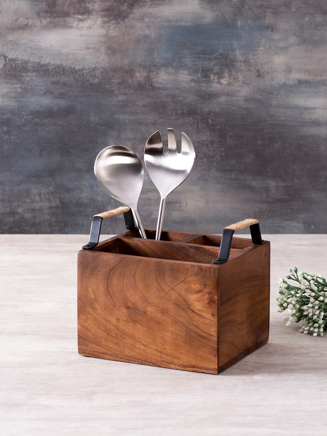 

nestroots Brown & Black Wooden Cutlery Stand With Stainless Steel Fork & Spoon Set