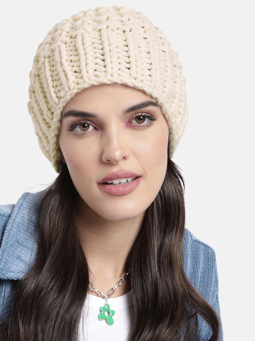 

Magic Needles Unisex Cream-Coloured Hand Knitted Self Design Beanie