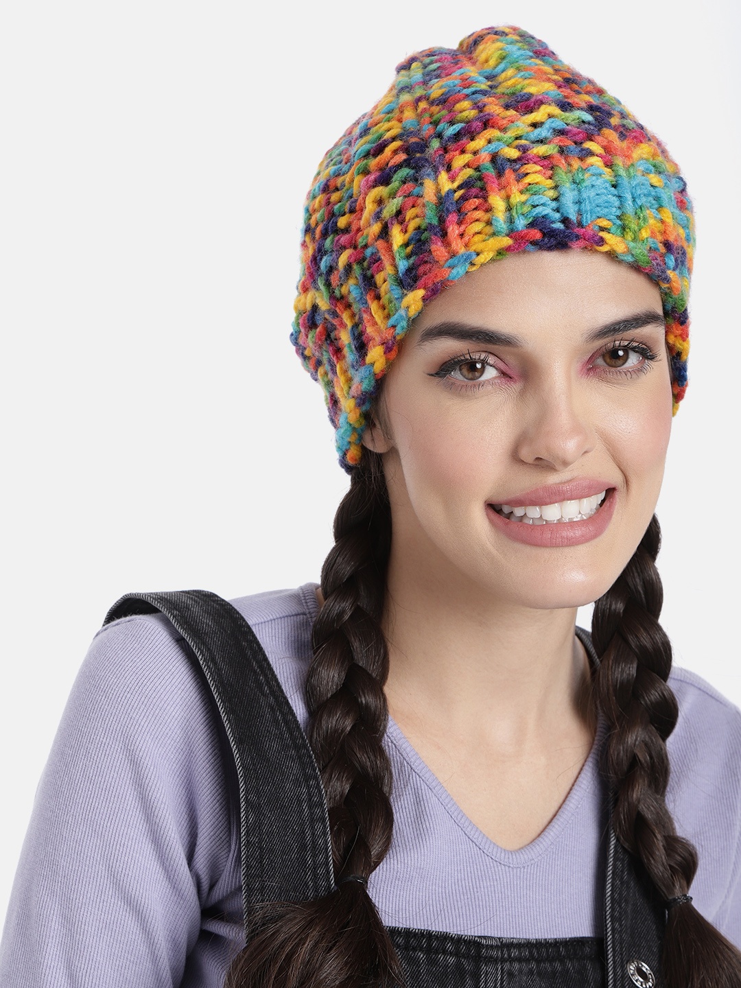 

Magic Needles Unisex Multicoloured Hand Knitted Self Design Beanie, Multi
