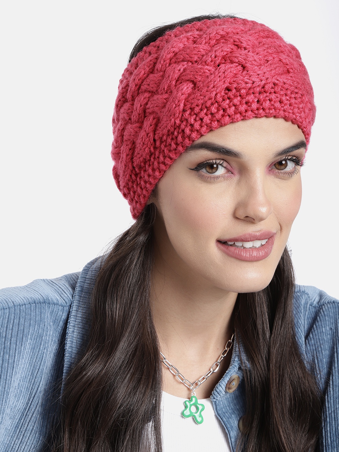 

Magic Needles Unisex Coral Pink Cable Knitted Criss Cross Woven Headband