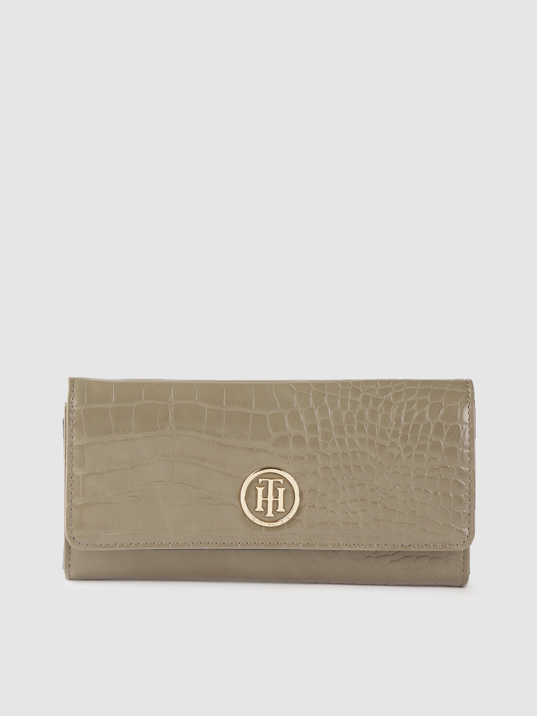 

Tommy Hilfiger Women Olive Green Croc Textured Envelope Wallet