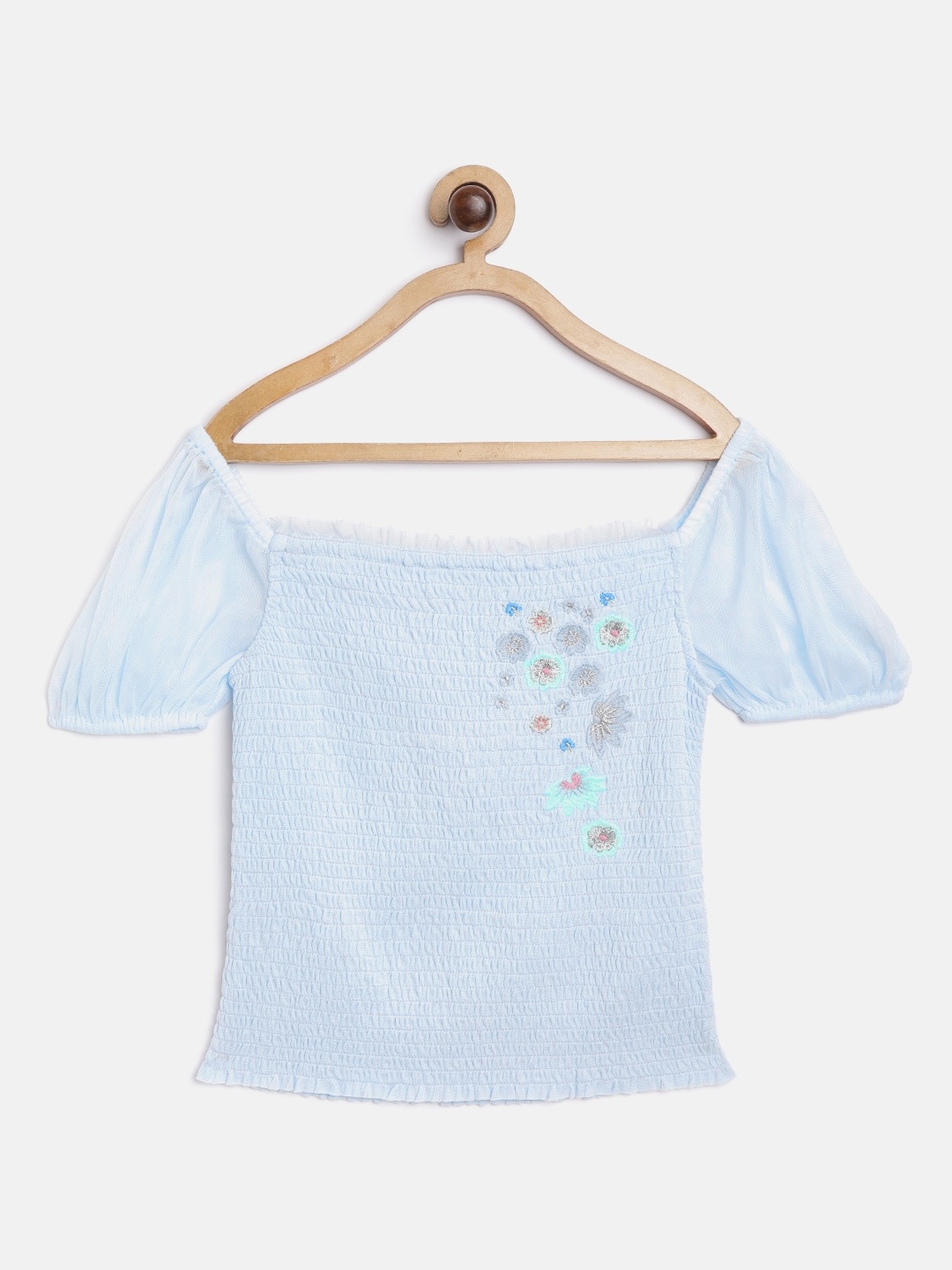 

Marks & Spencer Girls Blue Floral Embroidered Detail Smocked Sustainable Bardot Top