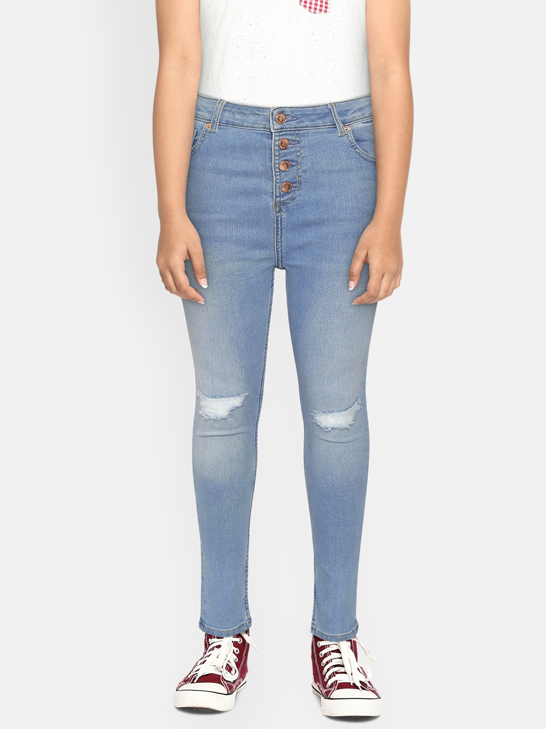 

Marks & Spencer Girls Blue Skinny Fit High-Rise Low Distress Light Fade Sustainable Jeans