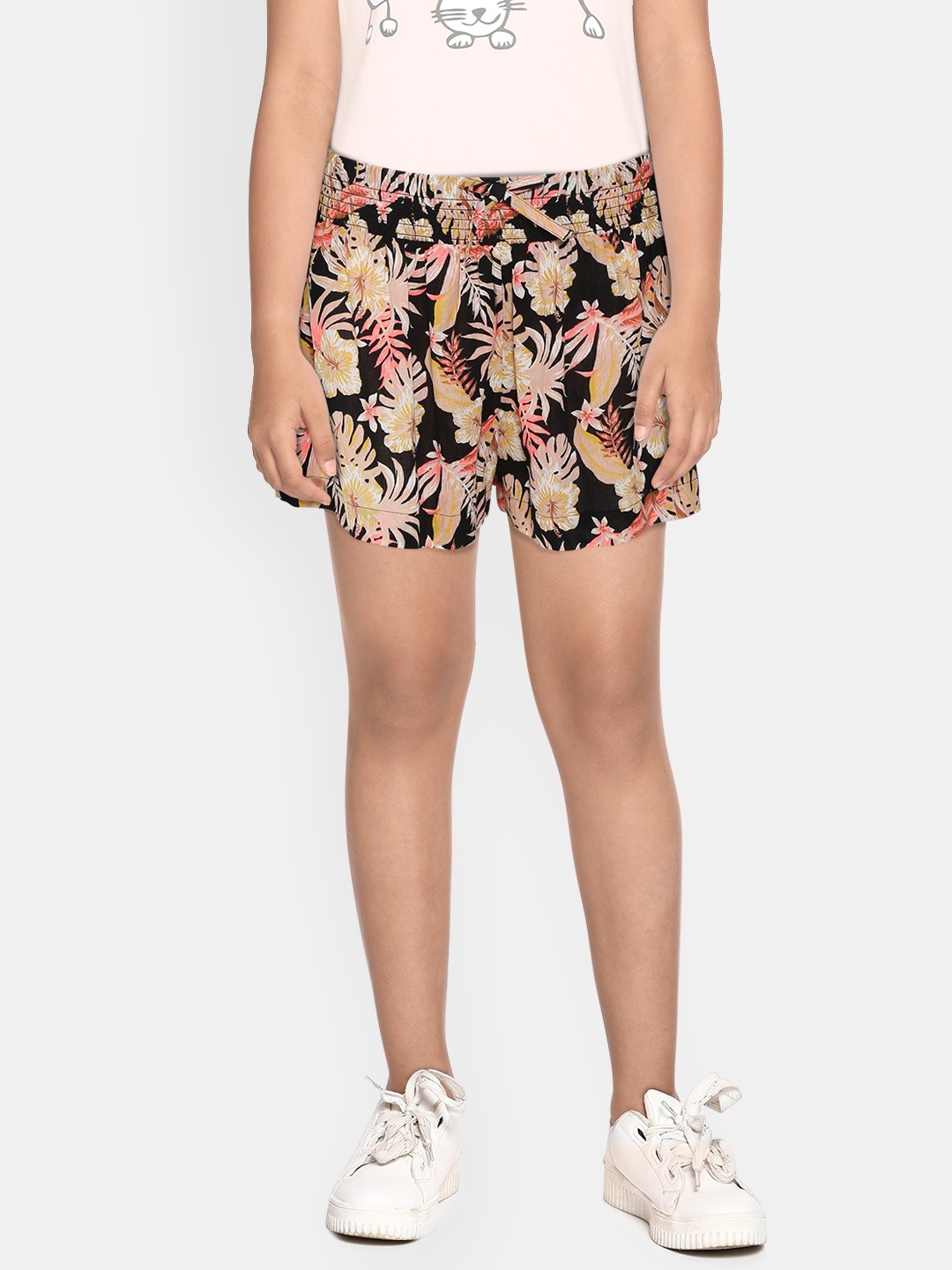 

Marks & Spencer Girls Black & Pink Cotton Floral Print Mid-Rise Sustainable Regular Shorts