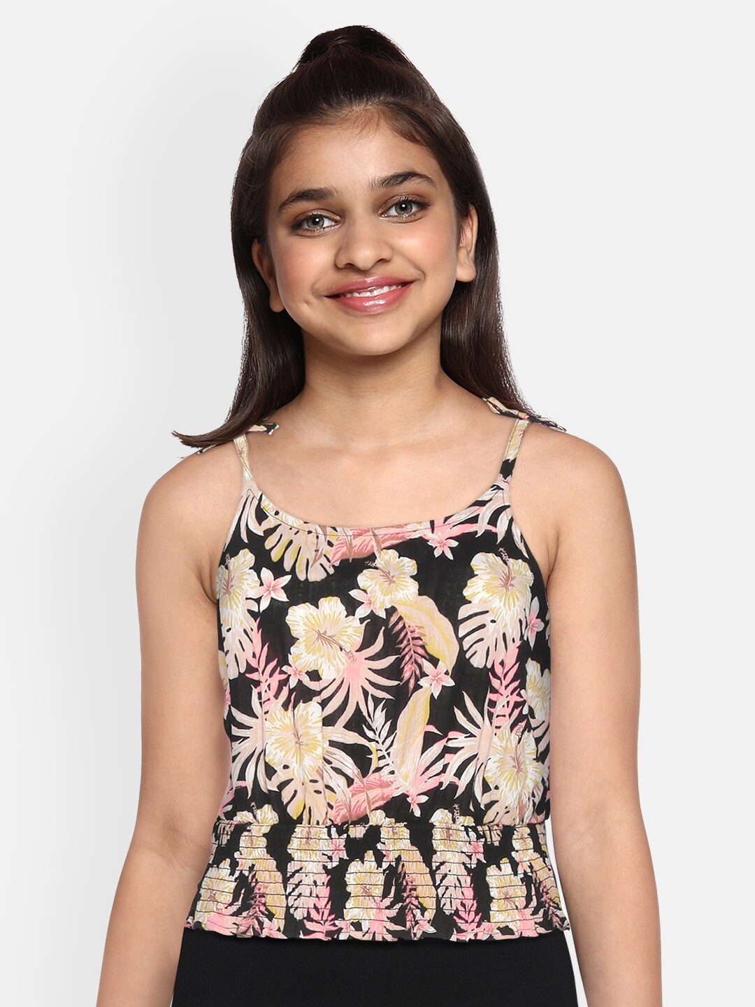 

Marks & Spencer Girls Black & Beige Floral Smocked Detail Sustainable Cotton Blouson Top
