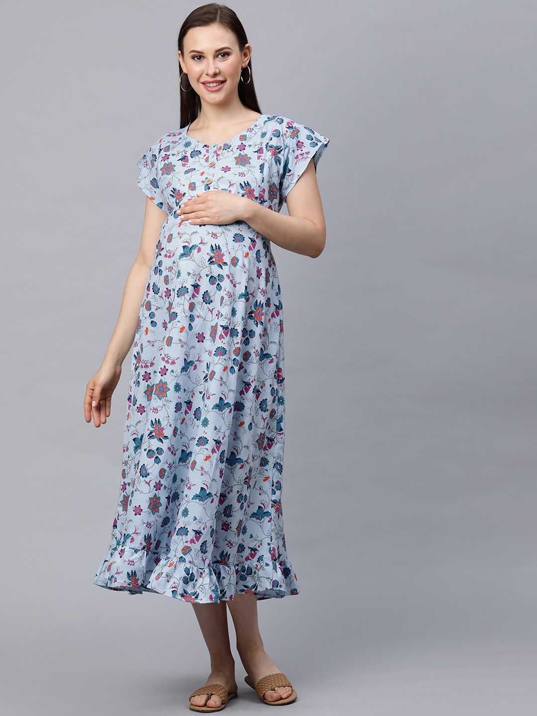 

MomToBe Women Blue Printed Maternity & Feeding Empire Dress
