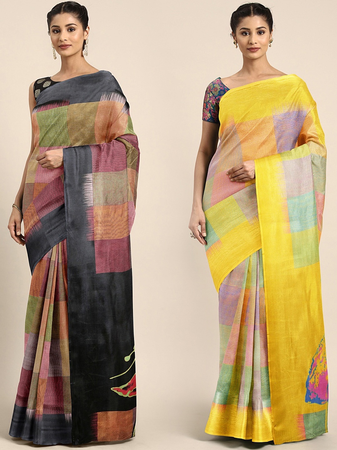 

KALINI Multicoloured Checked Saree, Black