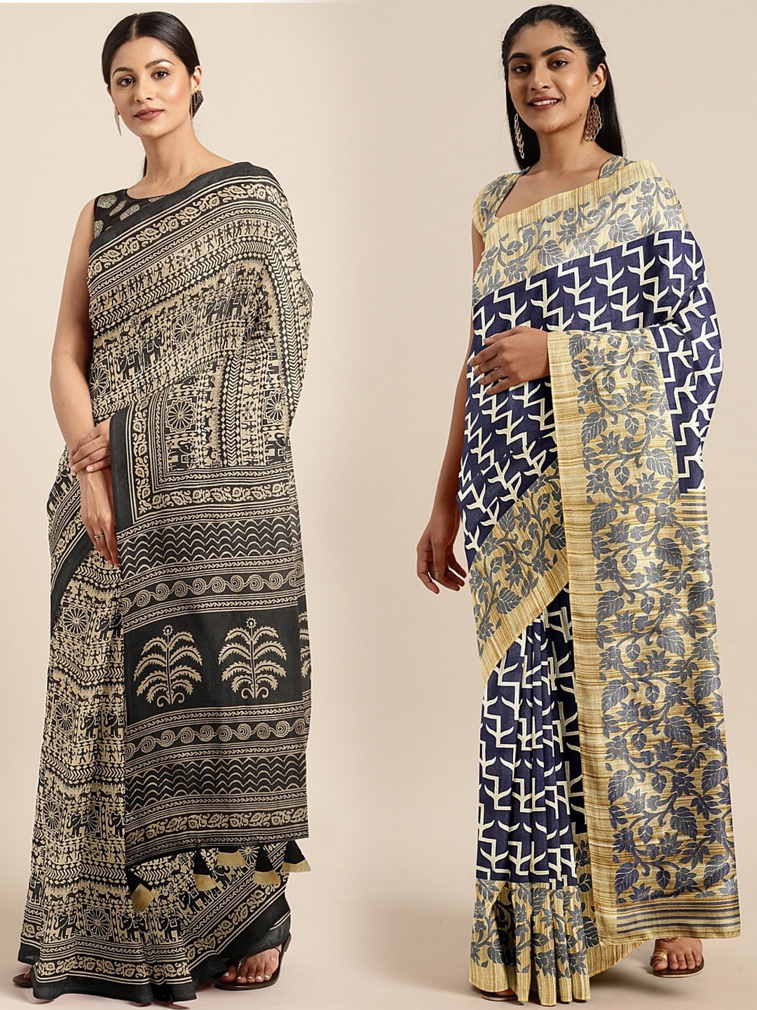 

KALINI Pack of 2 Navy Blue & Black Printed Silk Blend Saree