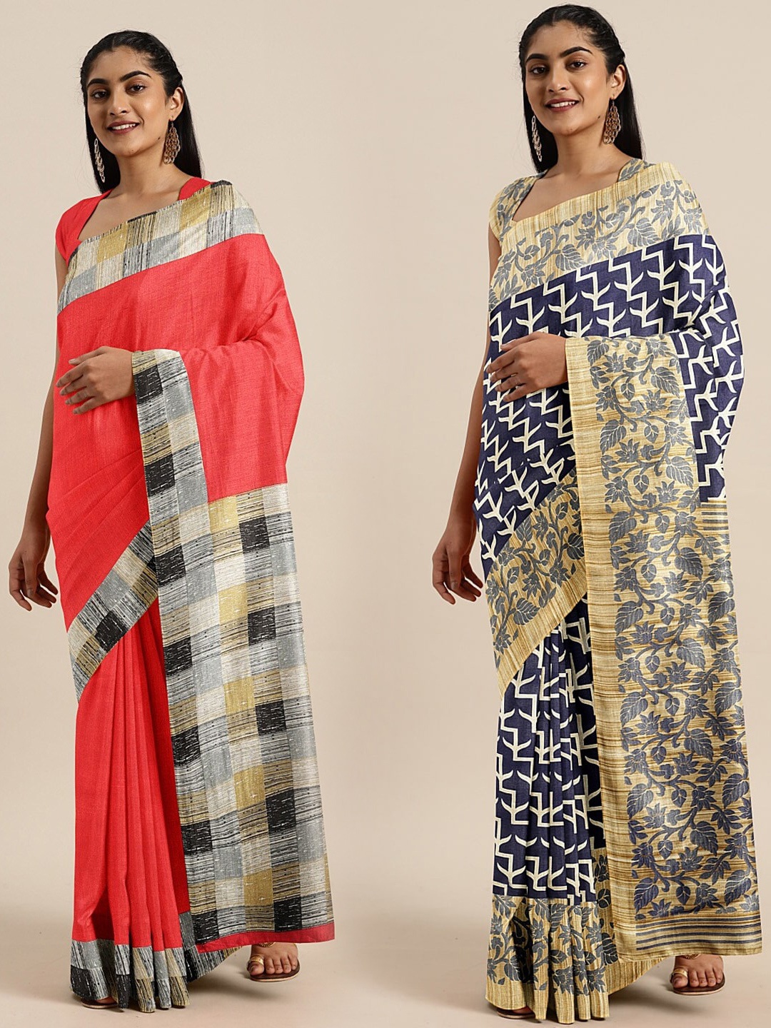 

KALINI Pack Of 2 Khadi Art Silk Printed Sarees, Coral