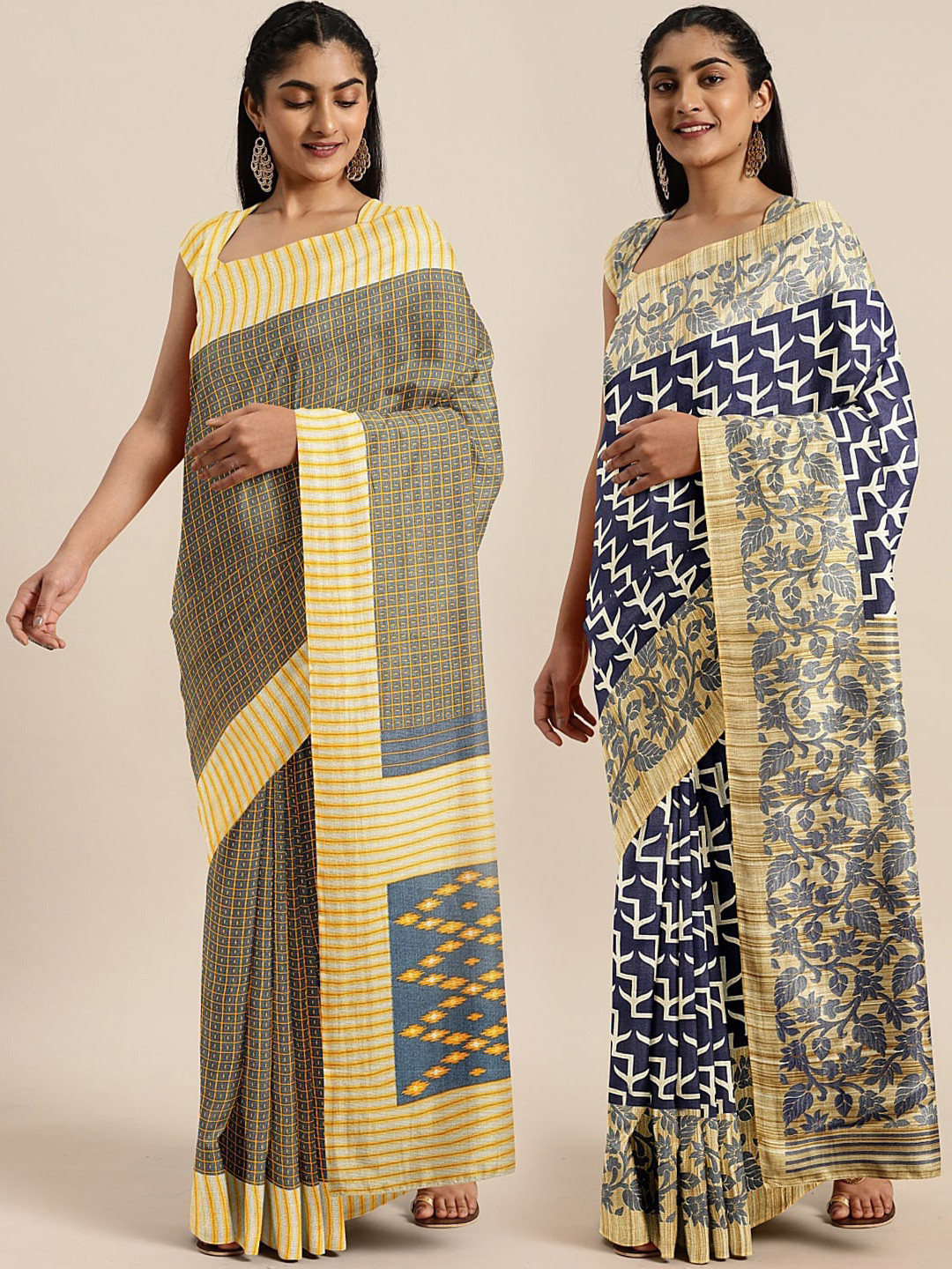 

KALINI Grey & Blue Art Silk Set of 2 Khadi Saree