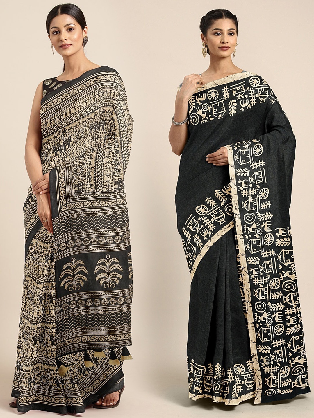 

KALINI Pack of 2 Black & Beige Silk Blend Khadi Sarees