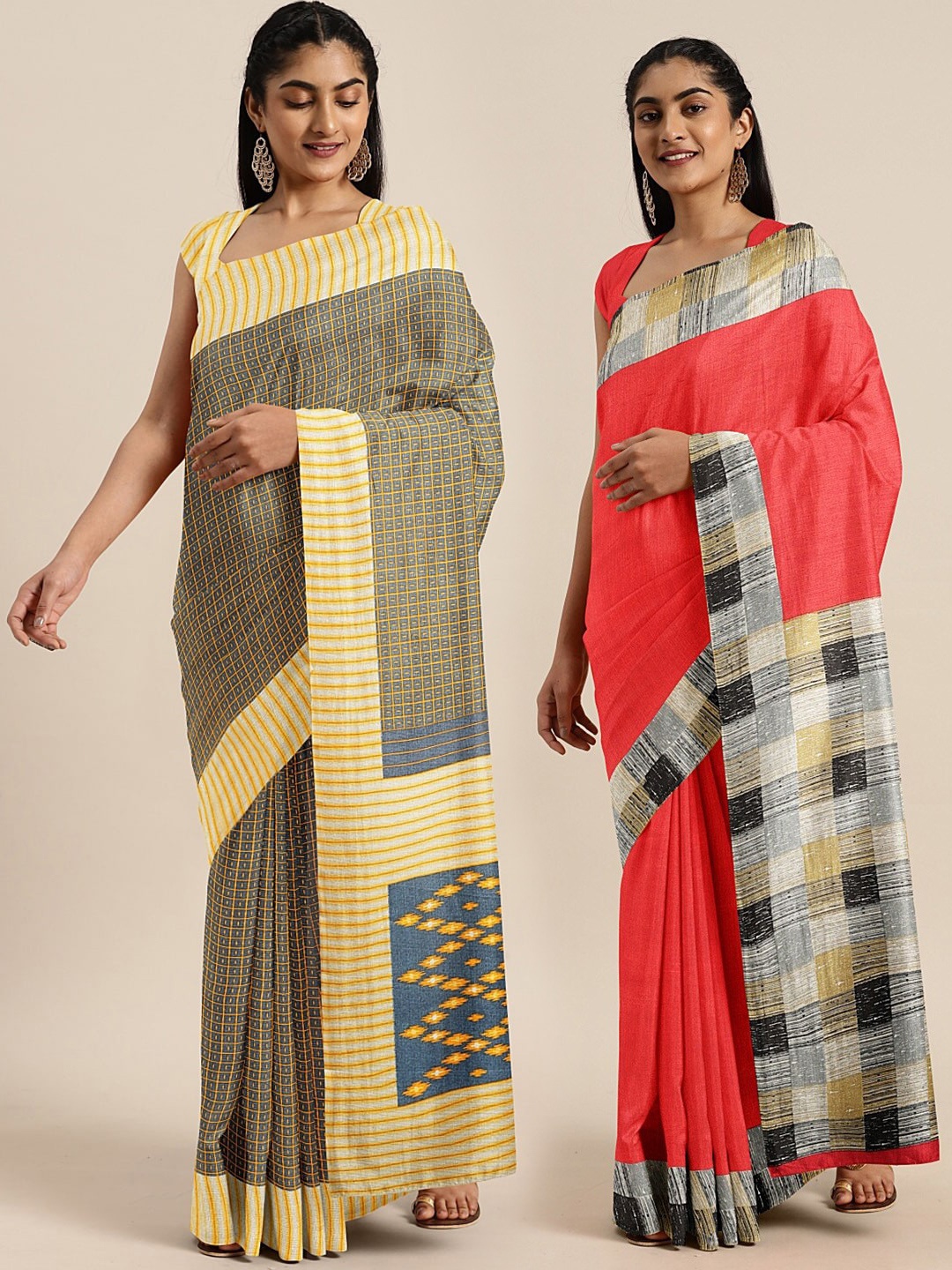 

KALINI Pack of 2 Grey & Coral Checked Art Silk Saree