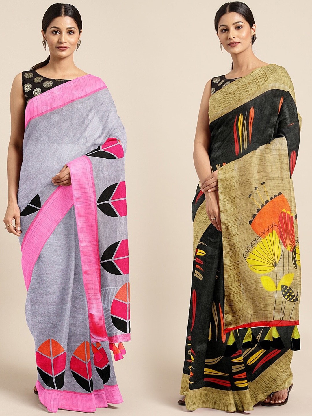 

KALINI Pack of 2 Grey & Black Printed Jute Silk Saree