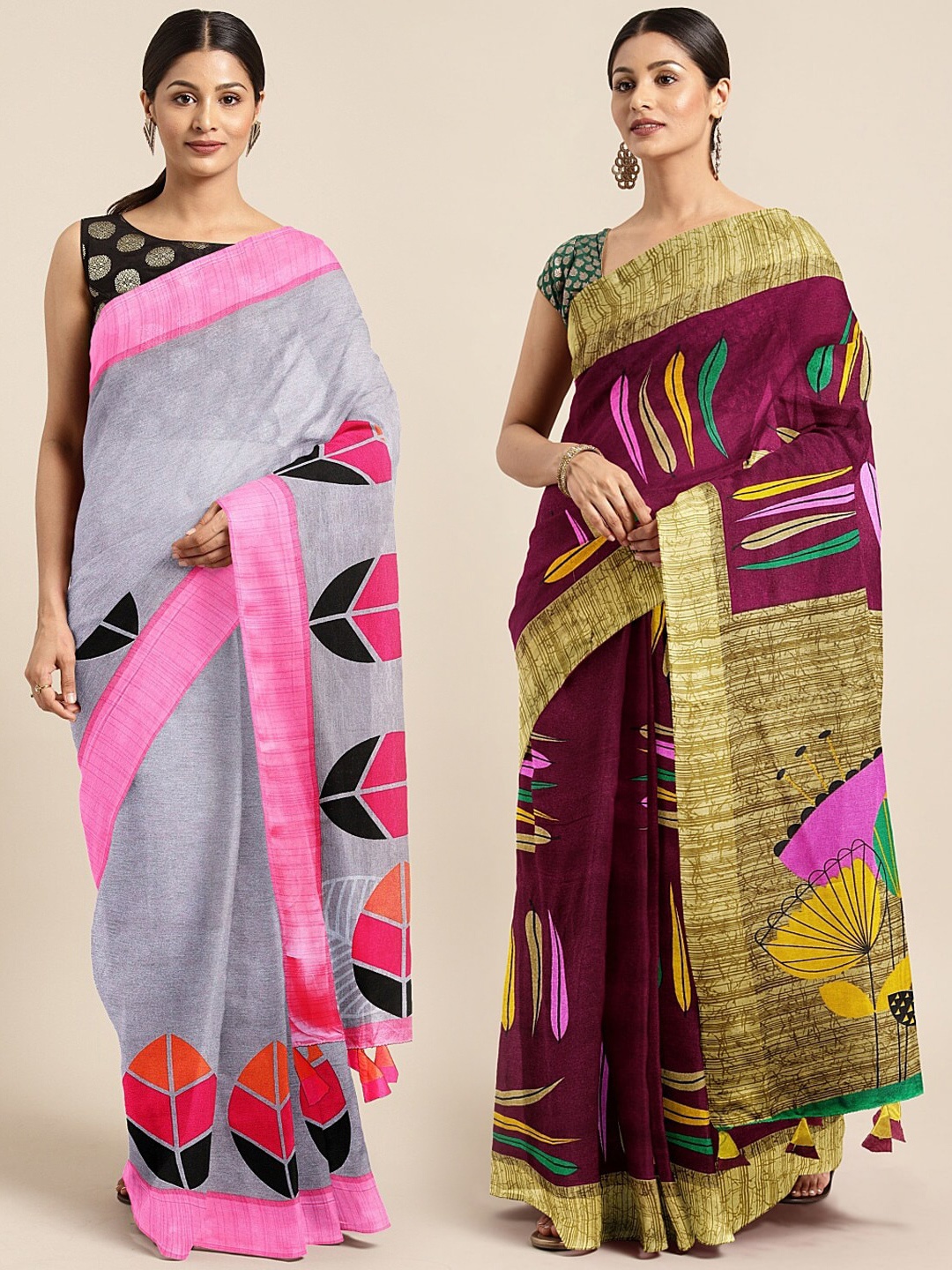

KALINI Pack of 2 Grey & Burgundy Jute Silk Sarees