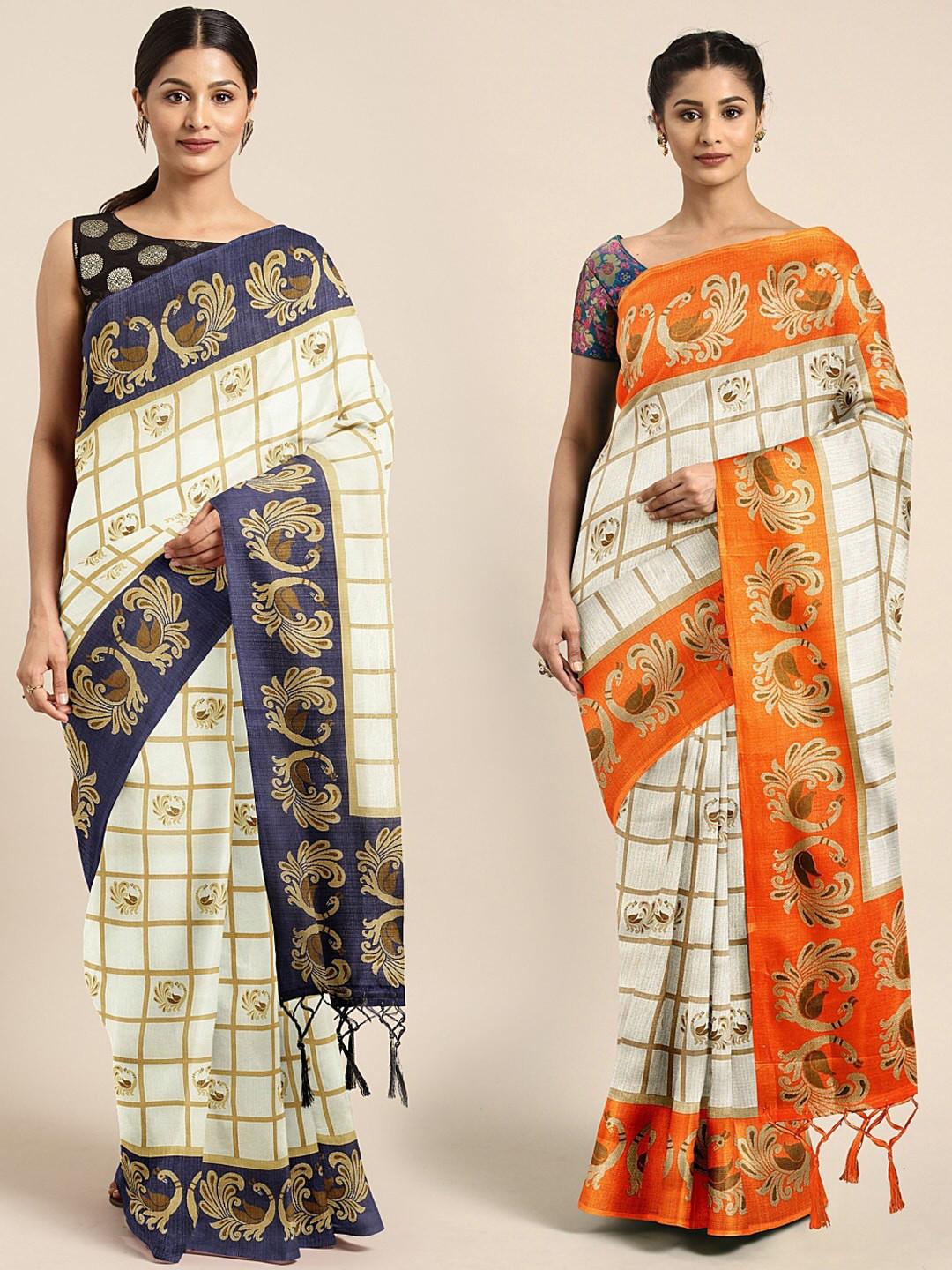 

KALINI Pack Of 2 Mysore Silk Blend Printed Sarees, Off white