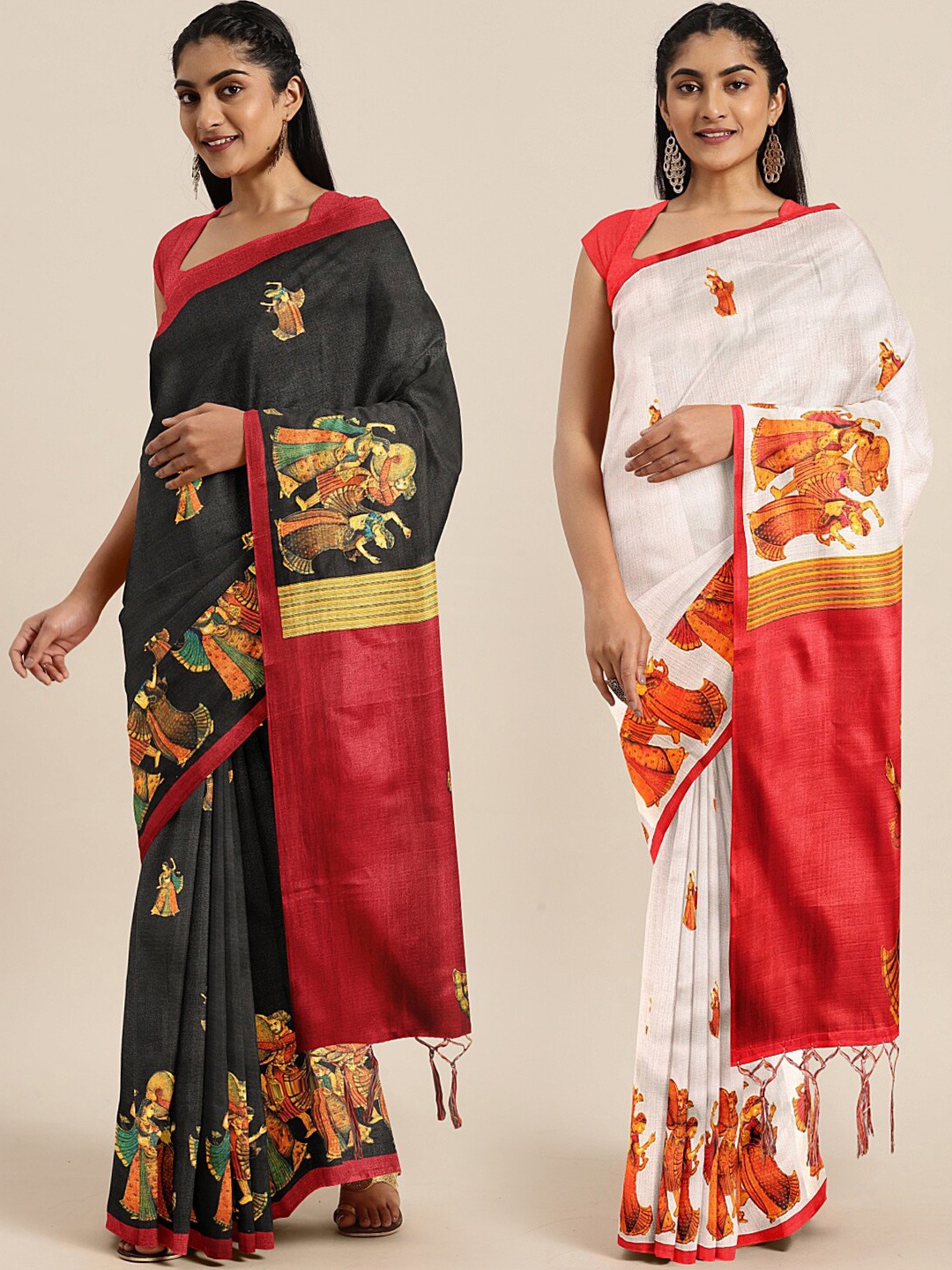 

KALINI Pack of 2 Black & Off-White Printed Art Silk Saree