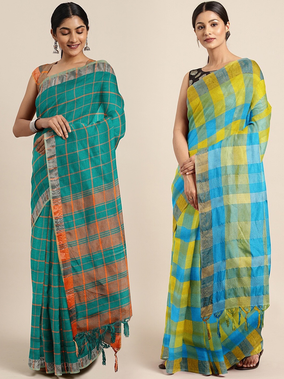 

KALINI Pack of 2 Teal Blue & Lime Green Checked Linen Blend Saree