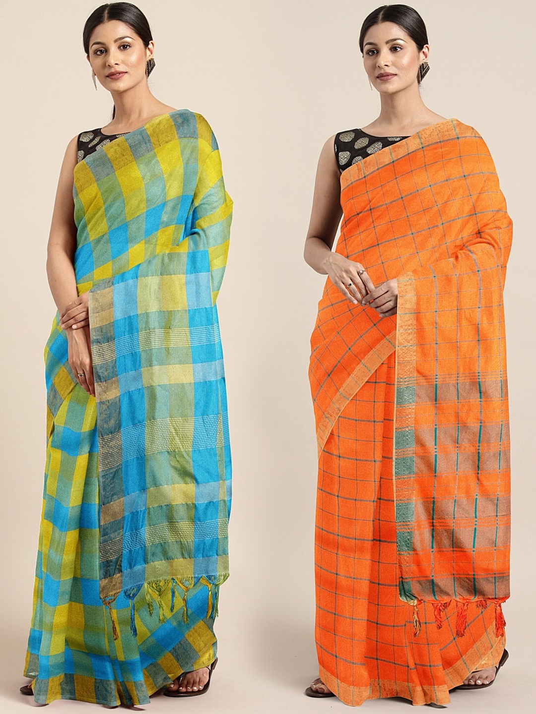 

KALINI Pack Of 2 Linen Blend Printed Sarees, Lime green