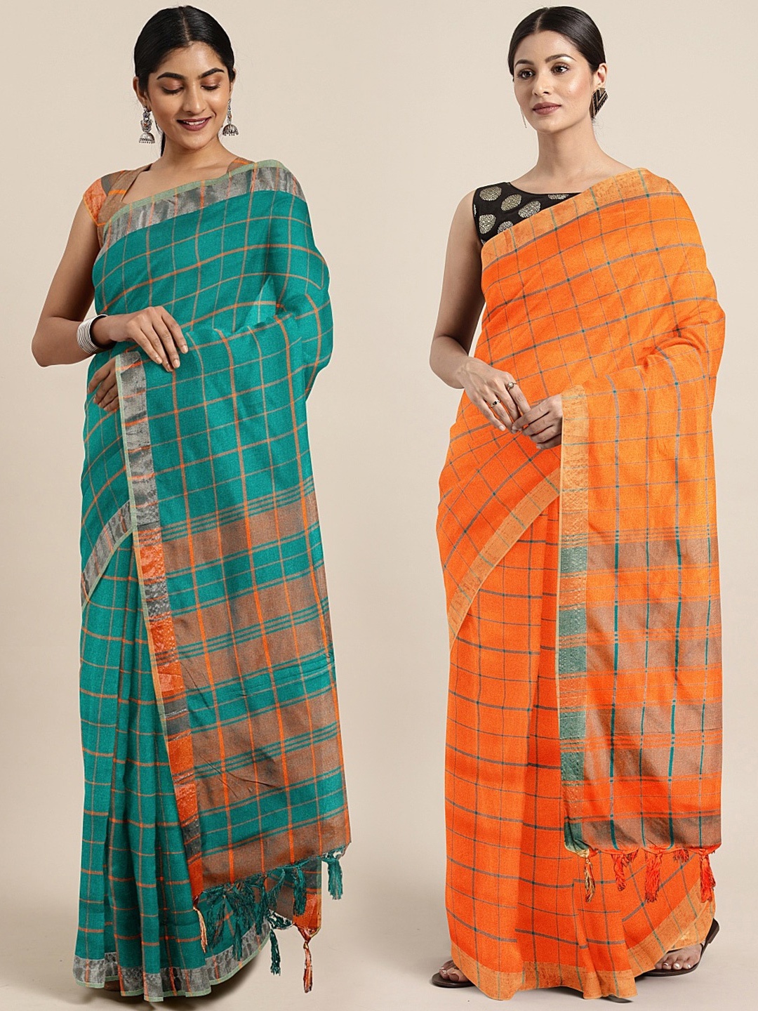

KALINI Teal & Orange Linen Blend Set of 2 Saree
