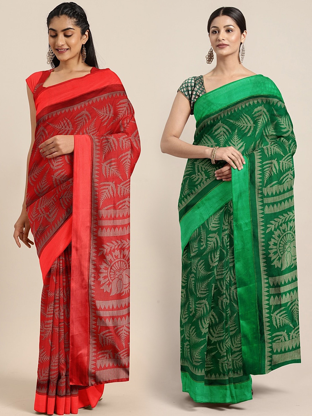 

KALINI Pack of 2 Red & Green Printed Satin Saree