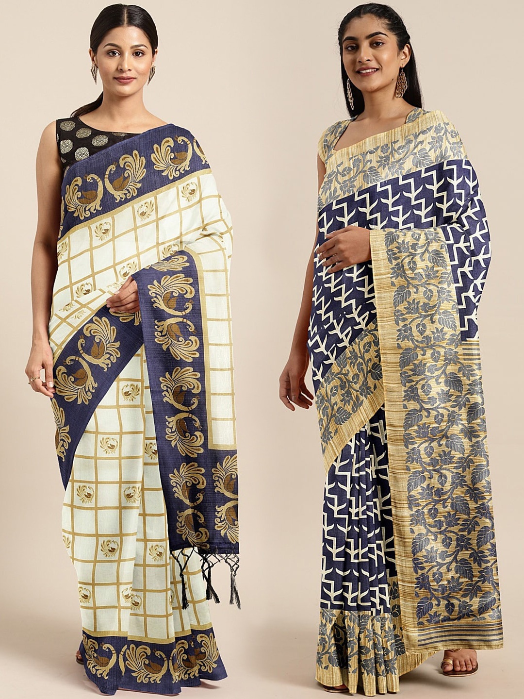 

KALINI Pack of 2 Off-White & Navy Blue Printed Silk Blend Mysore Silk Saree