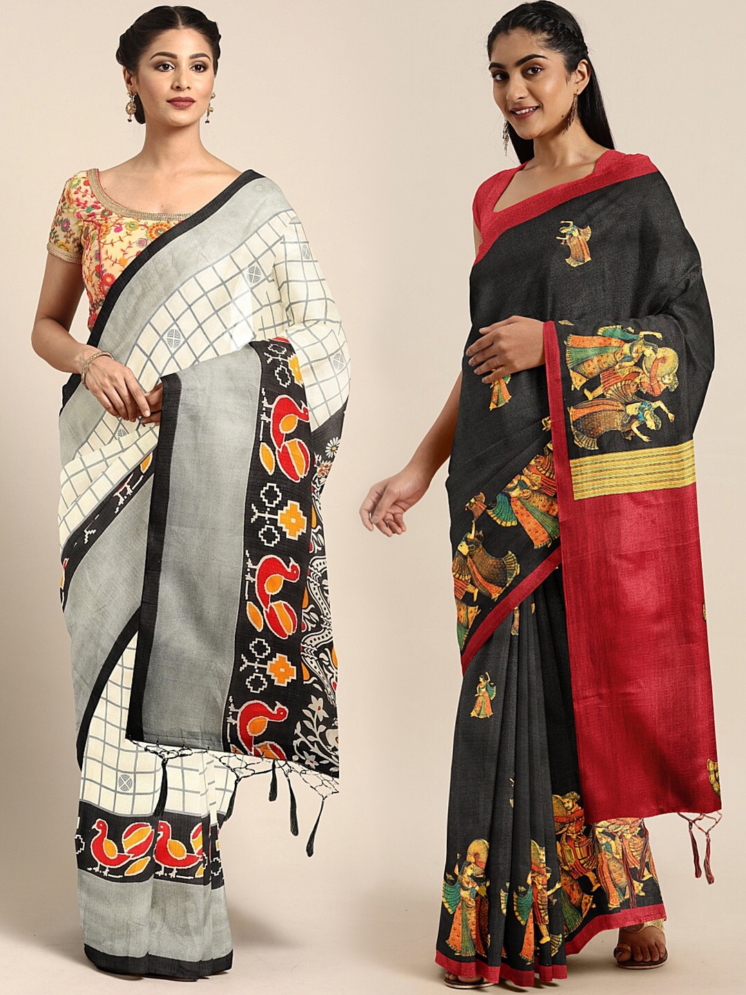

KALINI Pack Of 2 Silk Blend Printed Sarees, White