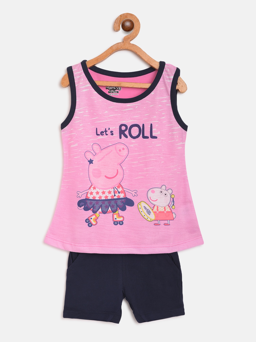 

Eteenz Girls Pink & Navy Blue Peppa Pig Print T-shirt with Shorts