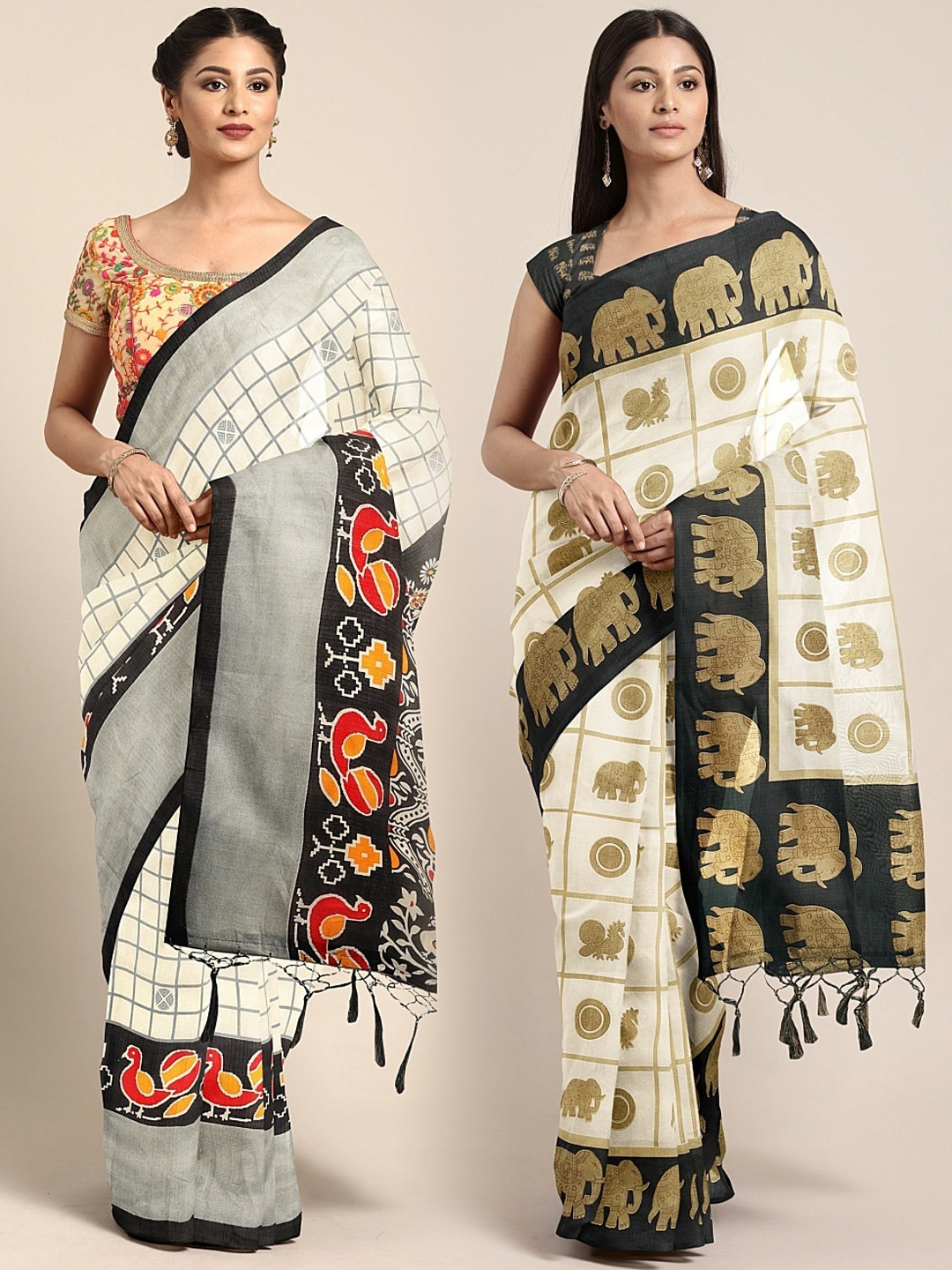 

KALINI Pack of 2 White Checked Khadi Silk Blend Saree