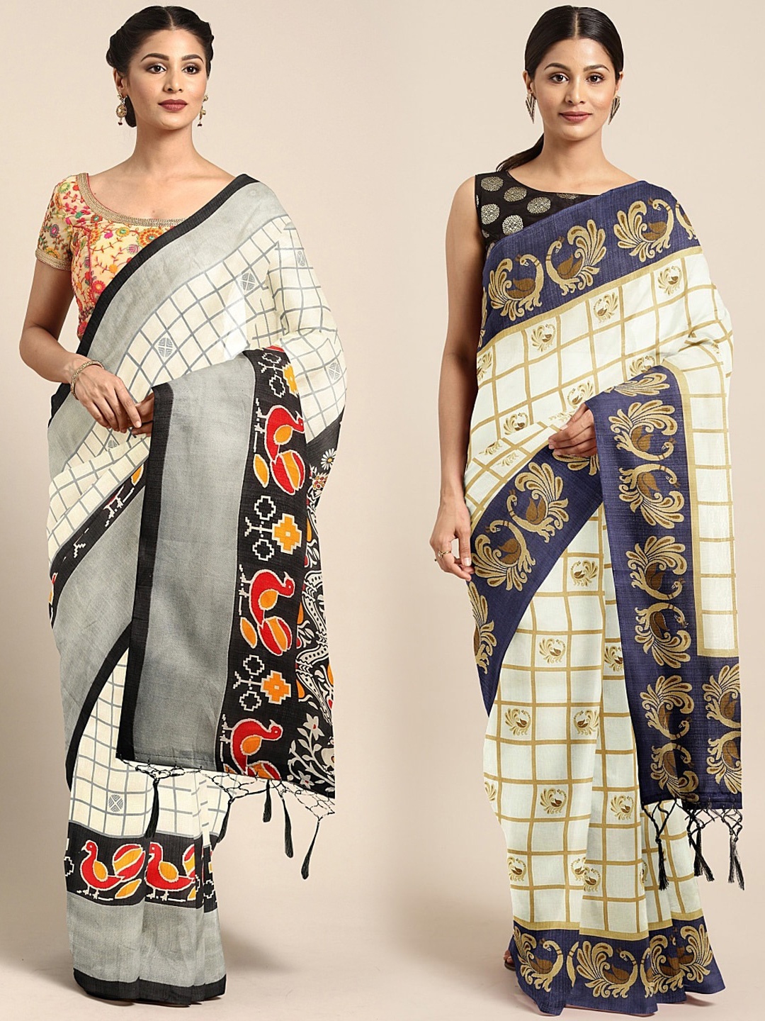 

KALINI Pack Of 2 Silk Blend Printed Sarees, White