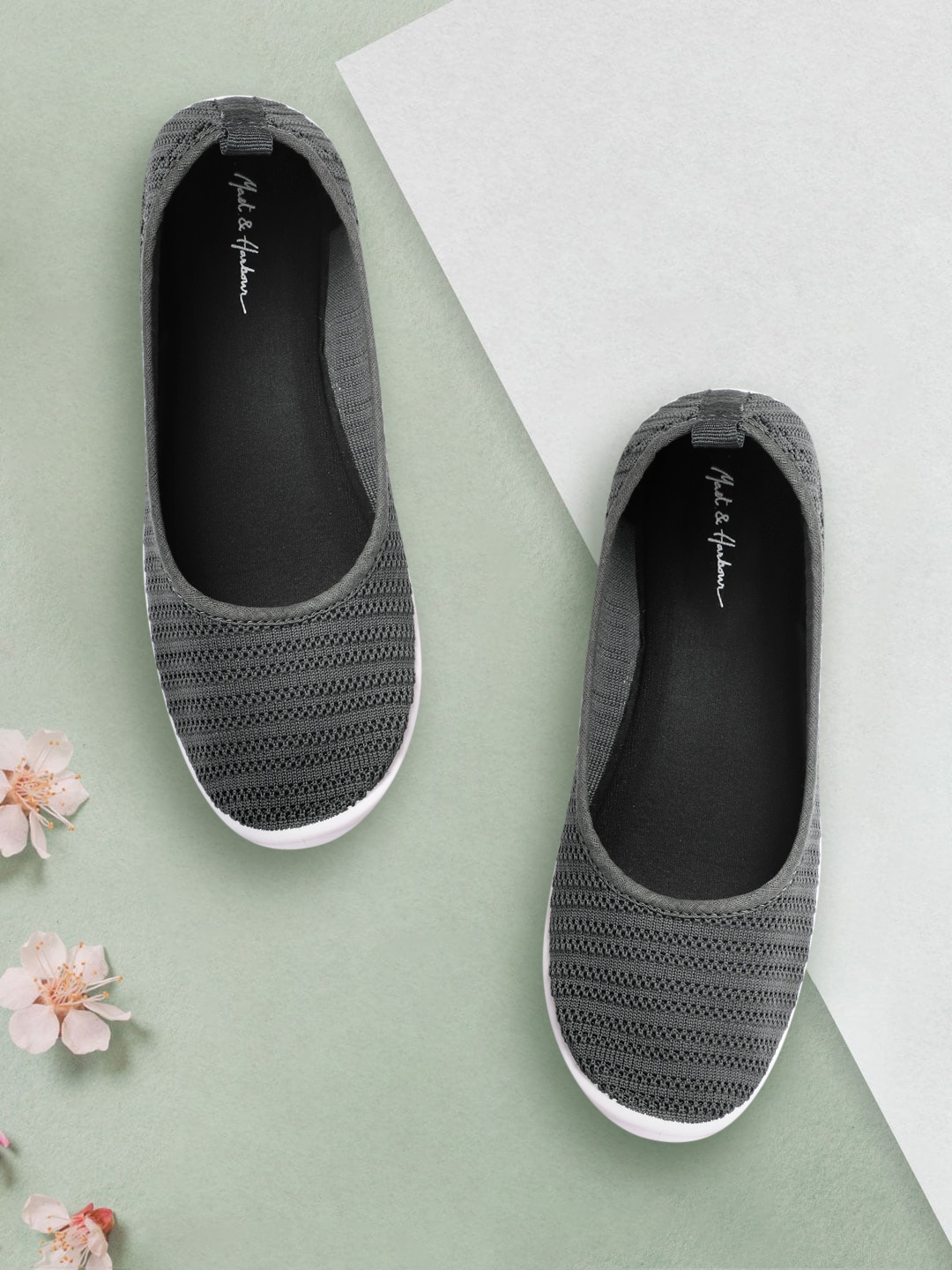 

Mast & Harbour Women Charcoal Grey Self-Striped Sporty Look Ballerinas