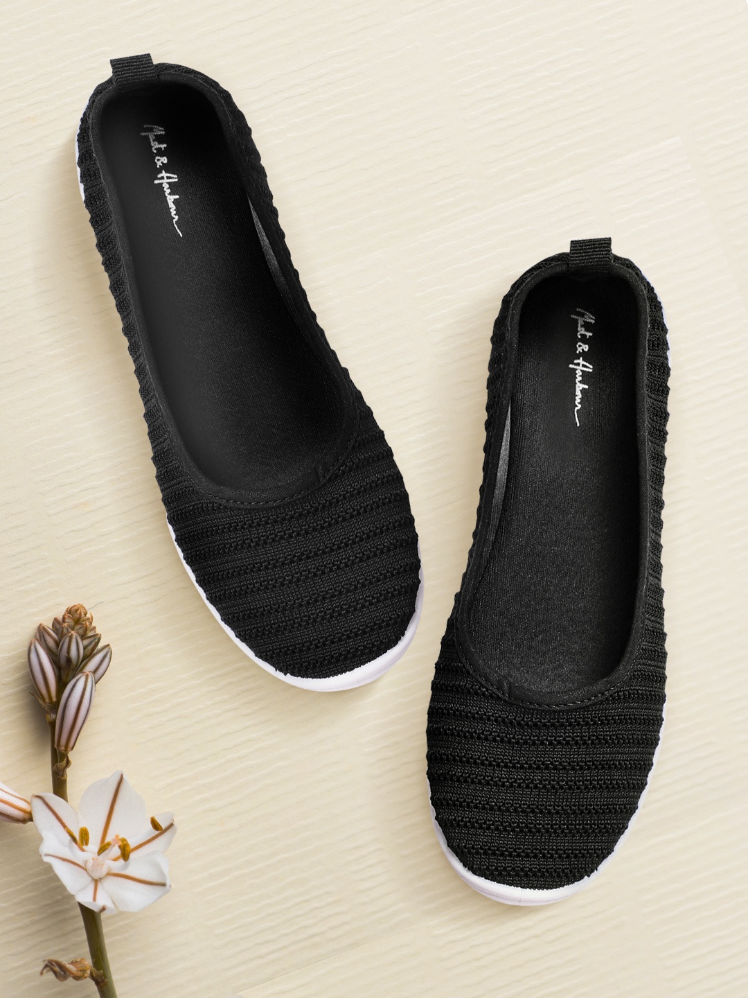 

Mast & Harbour Women Black Self-Striped Sporty Look Ballerinas