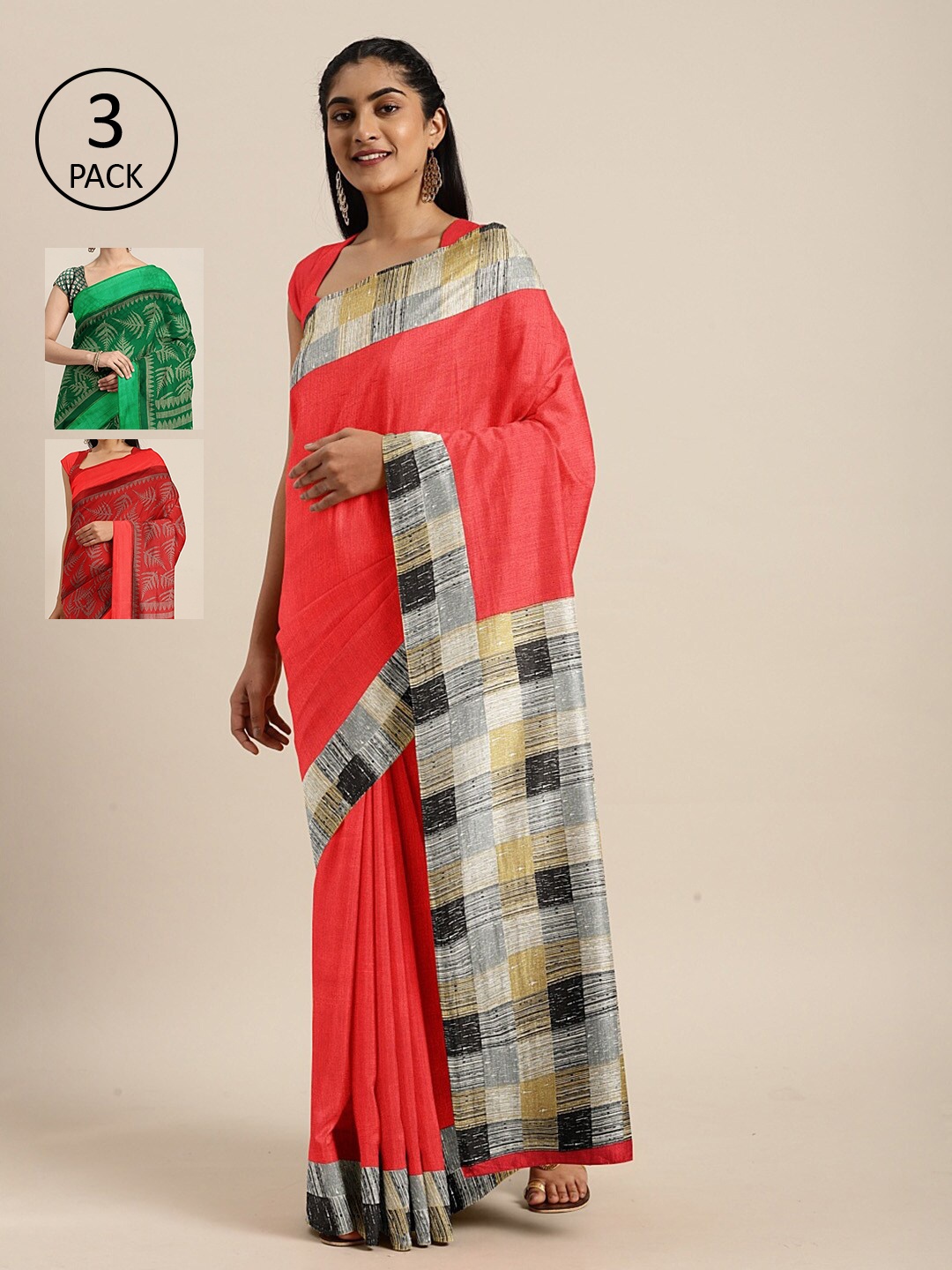 

KALINI Pack of 3 Red & Green Solid Khadi Art Silk Saree