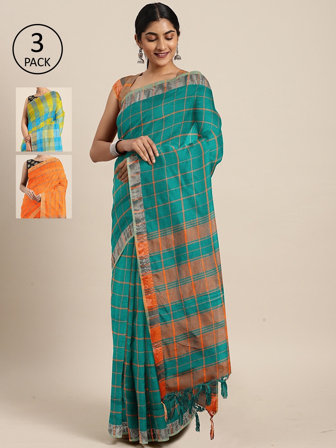 

KALINI Pack Of 3 Linen Blend Printed Sarees, Teal