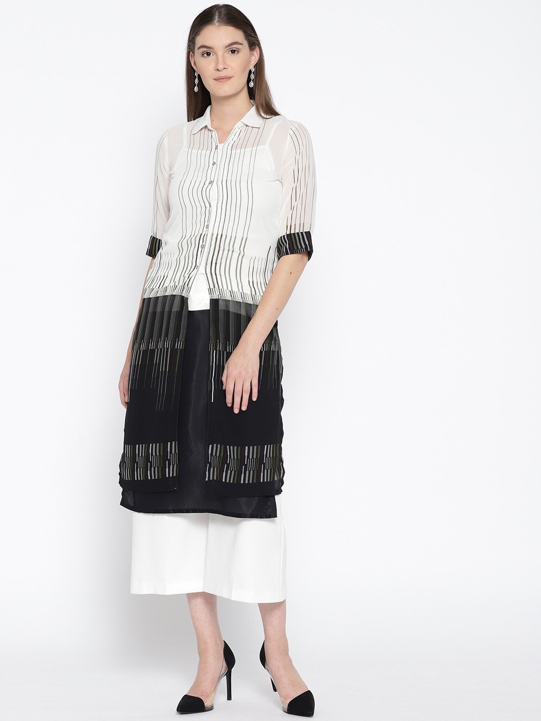 

BIBA Off-White & Black Polyester Striped Semi-Sheer Kurta