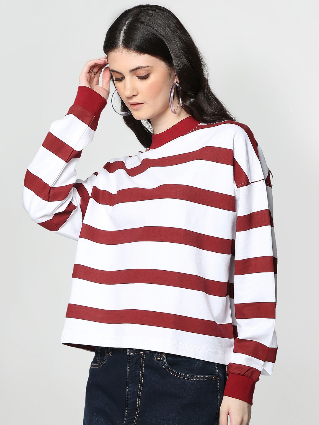 

Flying Machine Women White & Maroon Striped Pure Cotton Sweatshirt