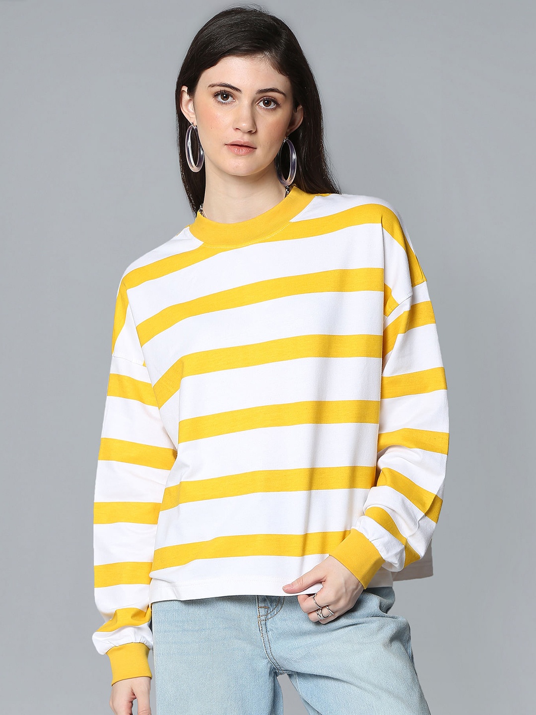 

Flying Machine Women White & Yellow Striped Pure Cotton Sweatshirt