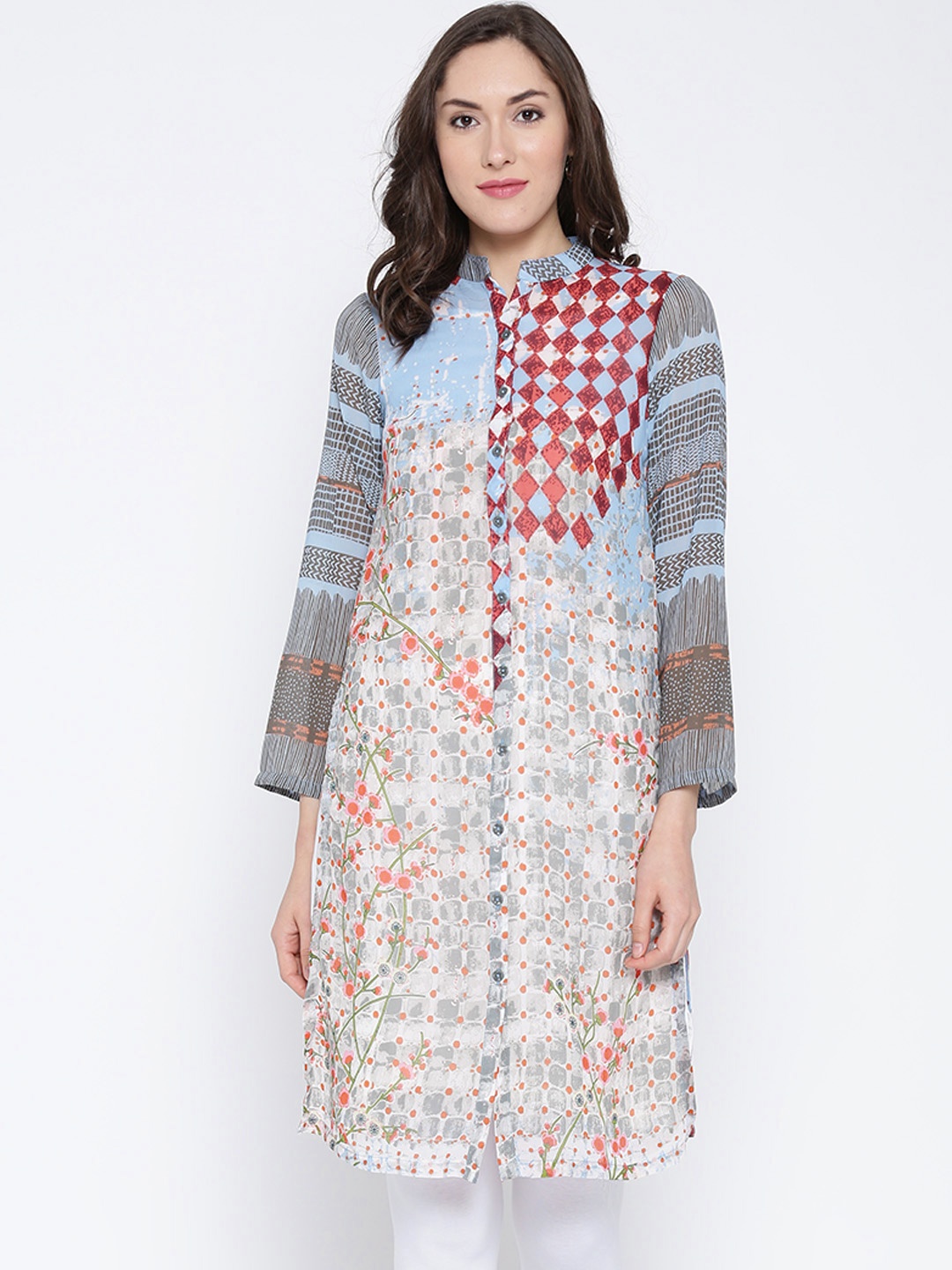 

BIBA Grey & Blue Polyester Geometric Print Kurta